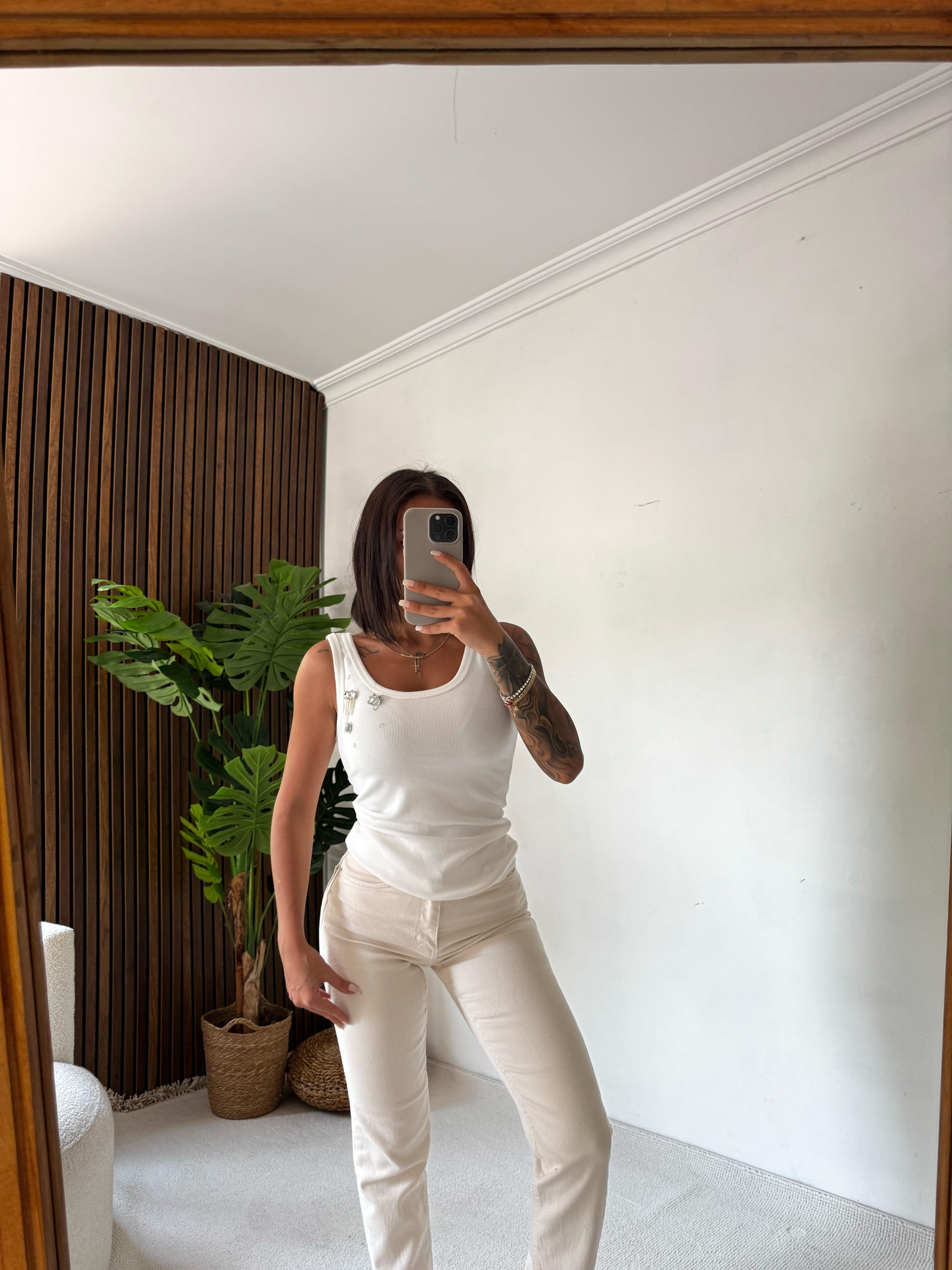 Yanı Taşlı Kalın Askılı Body - Beyaz