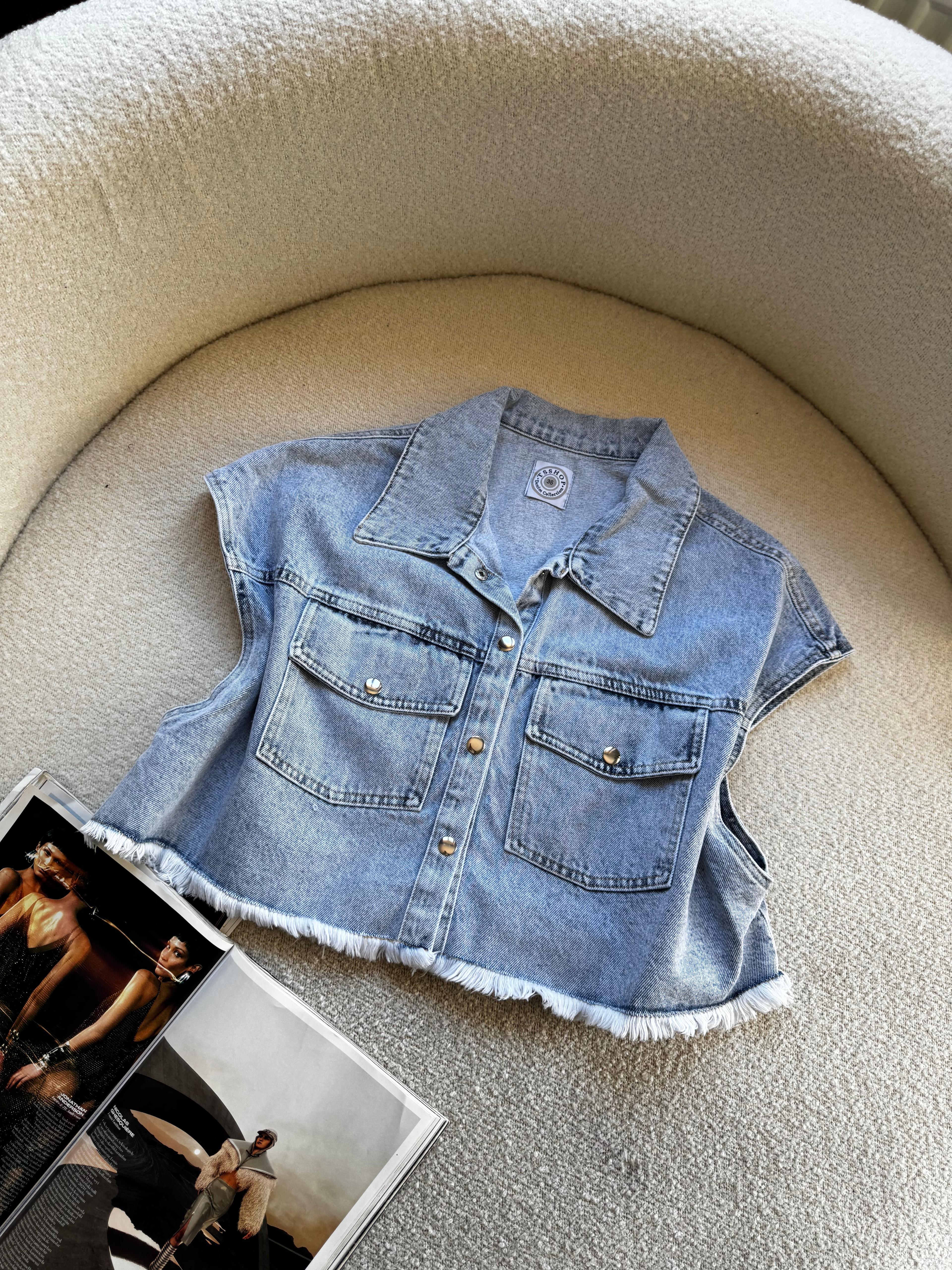 Sto Owersıze Püsküllü Denim Yelek  - Mavi