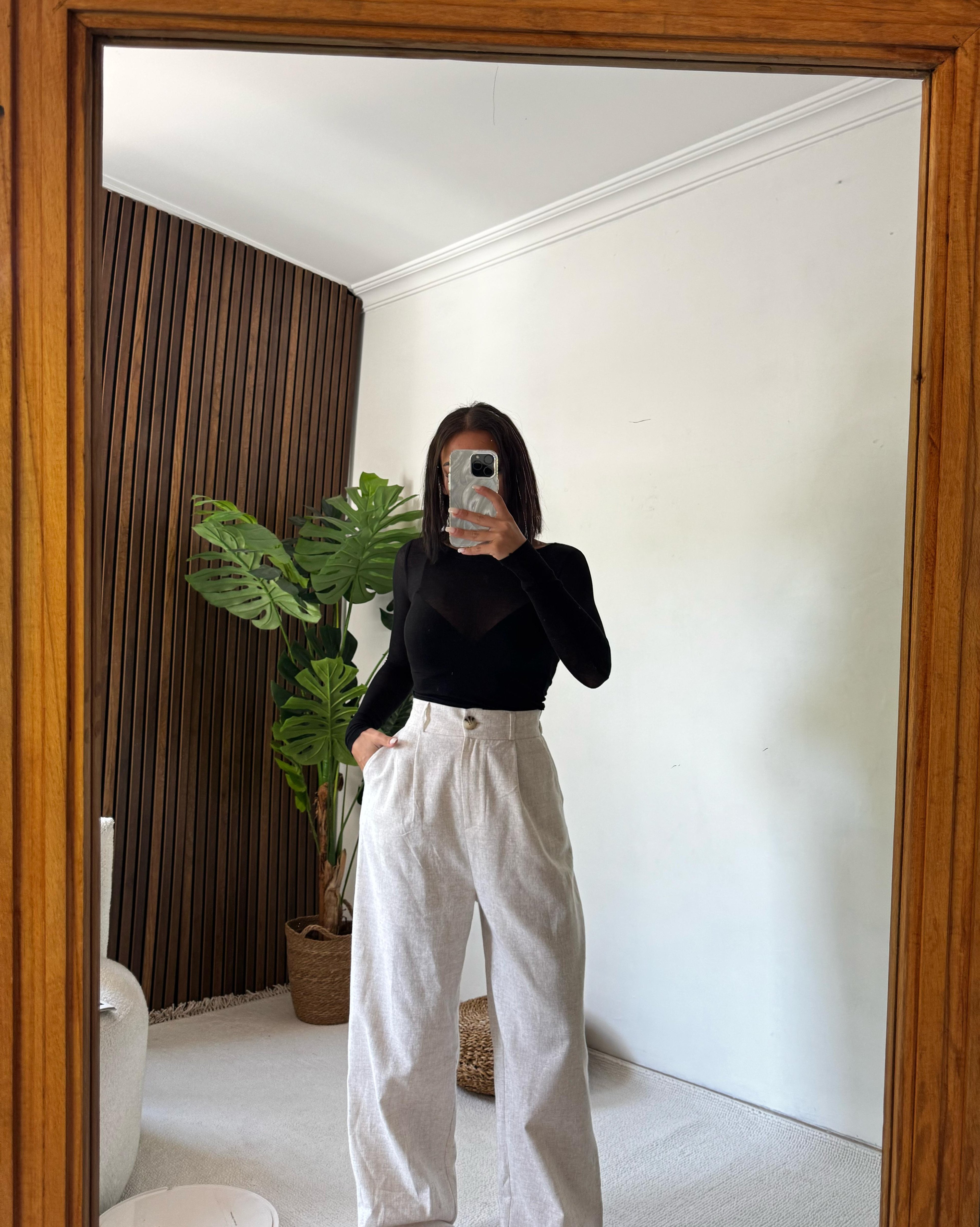 Düğmeli Yarım Lastik Keten Pantolon - Krem