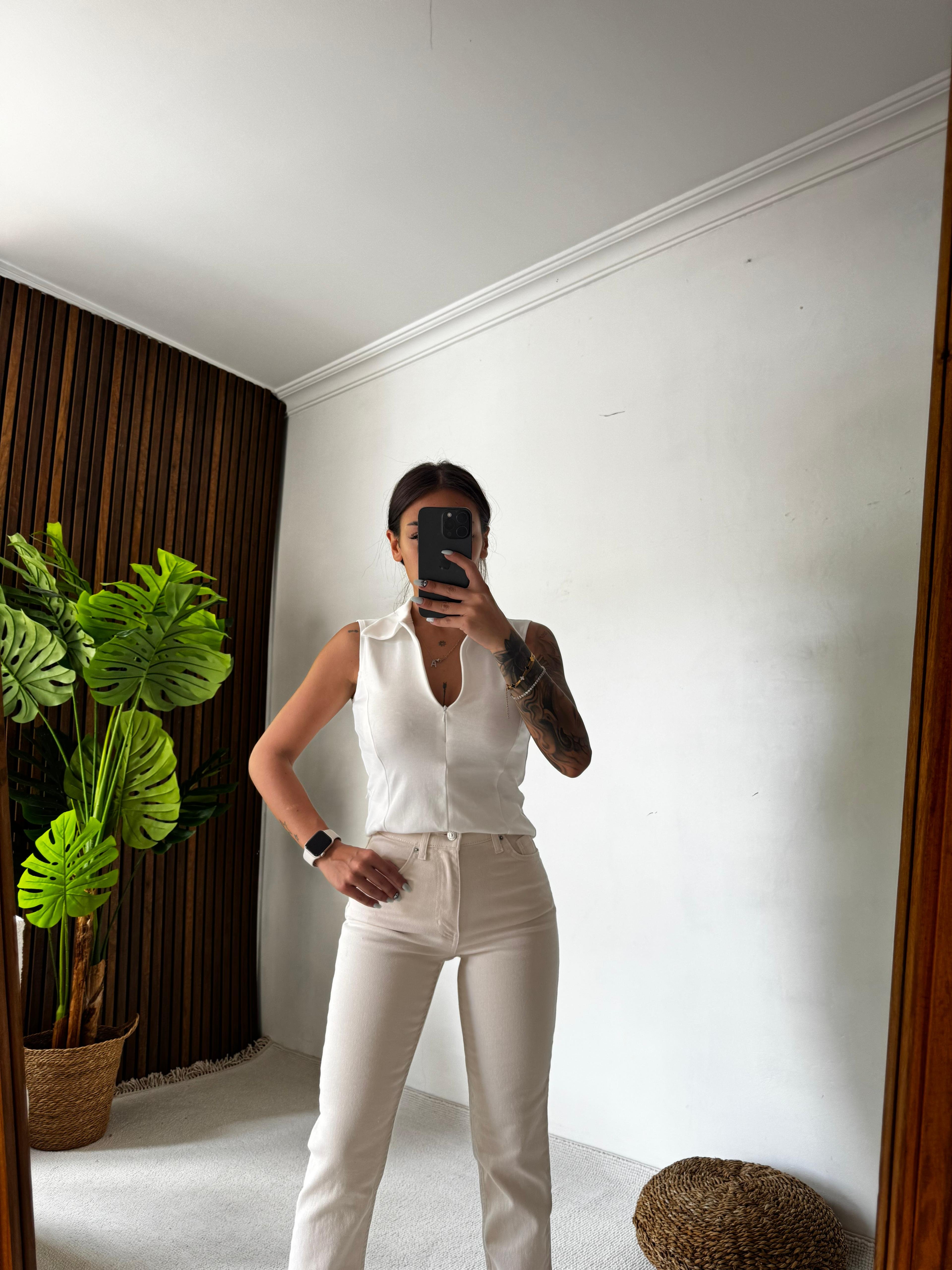 Hot Fermuarlı Polo Yaka Tişört - Beyaz
