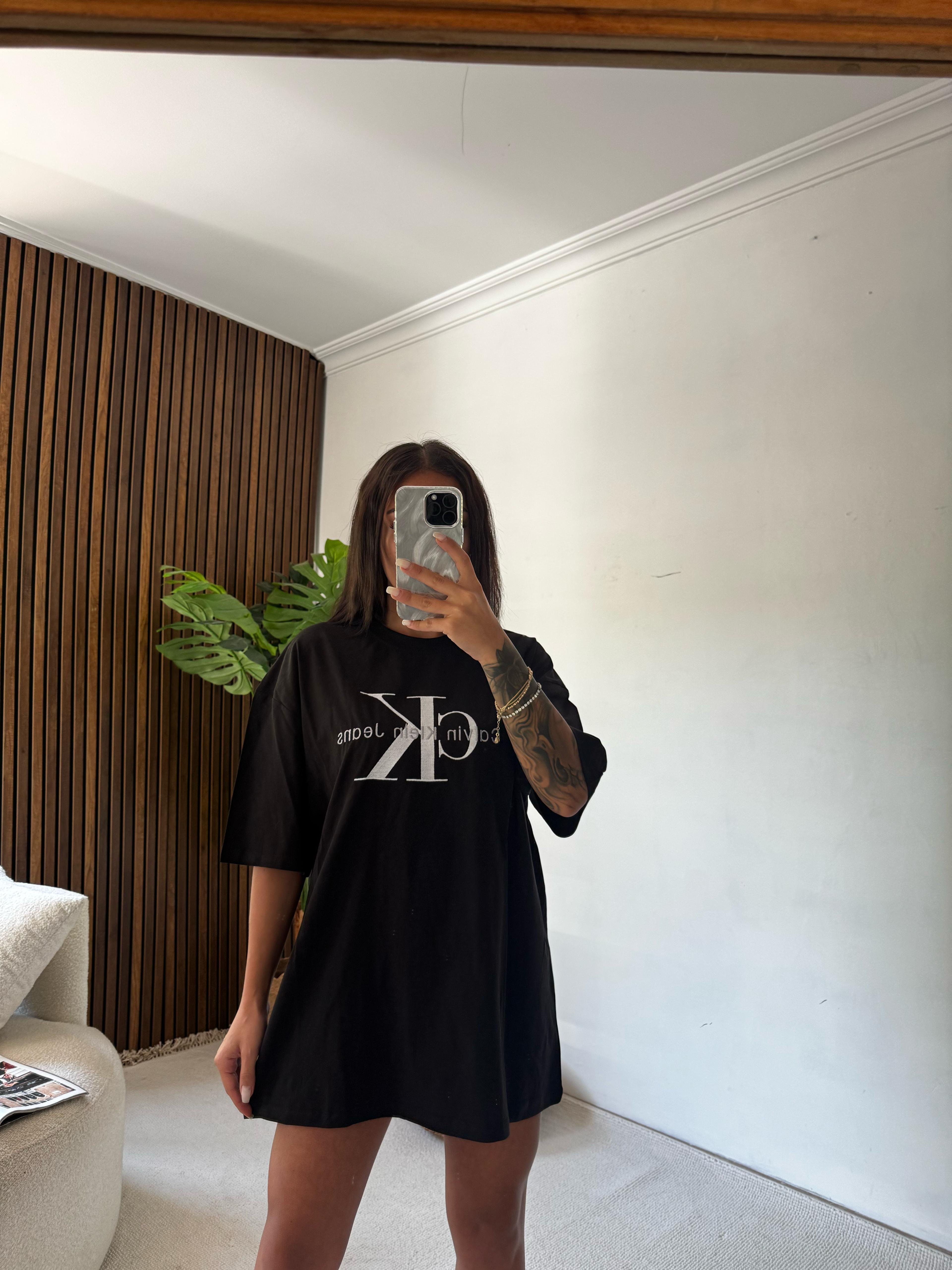 Baskılı Nakışlı Oversize Tişört - Siyah