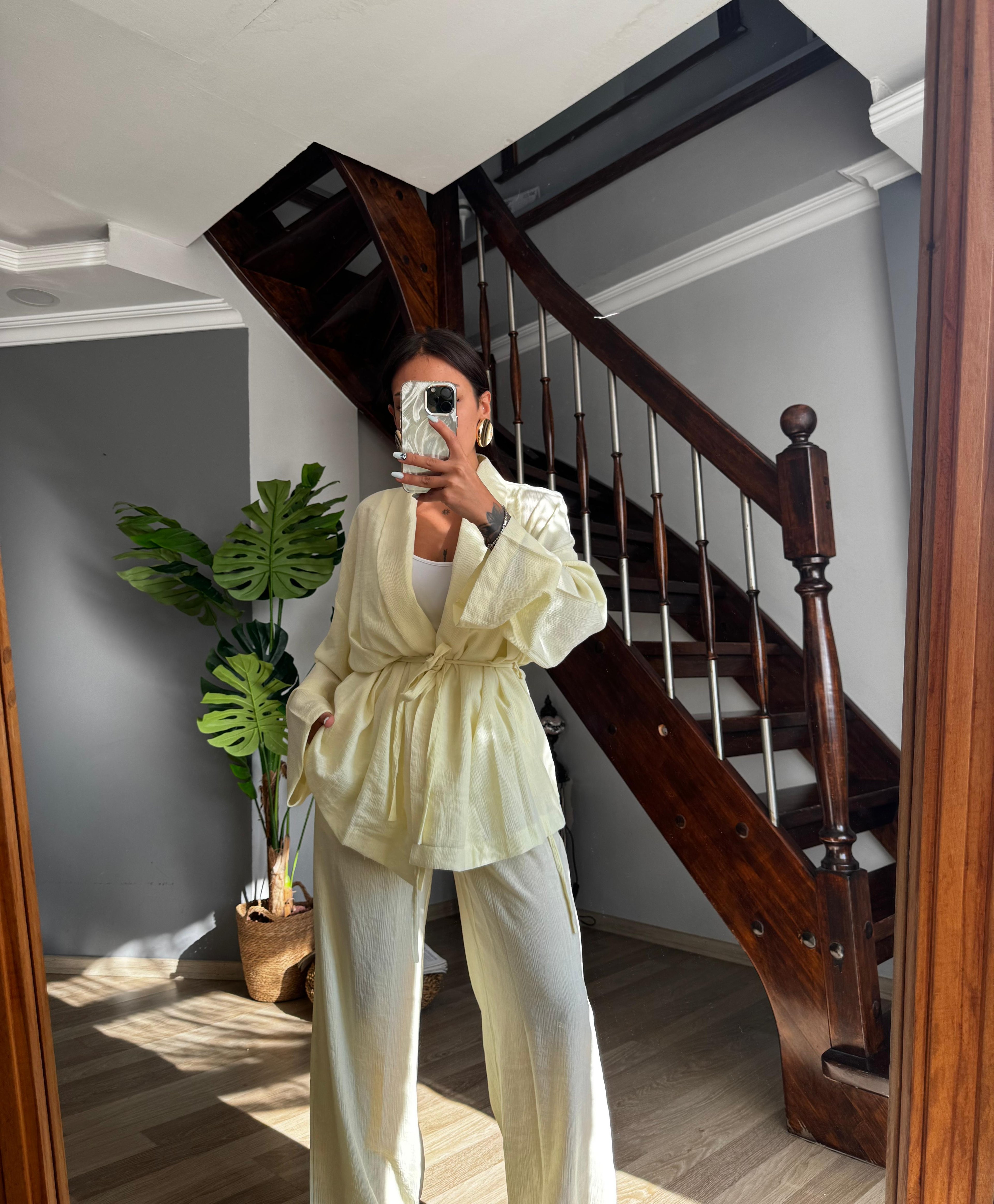 Hot Takım Şal Yaka Kimono  - sarı
