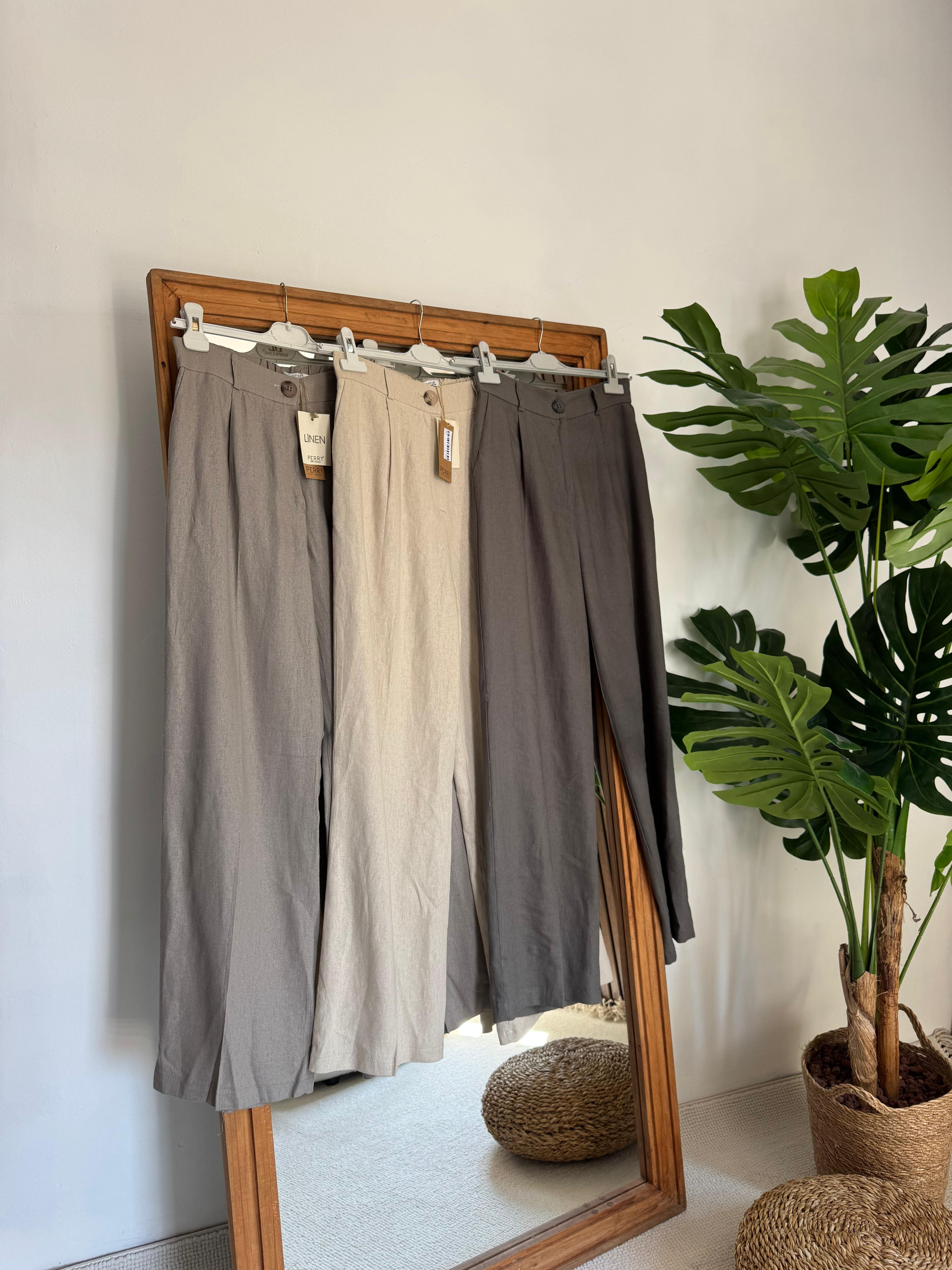 Mis Düğmeli Keten Pantolon  - Krem