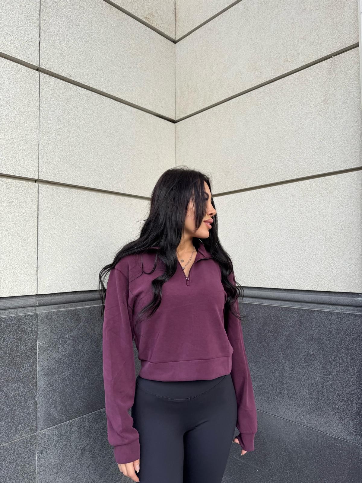 Önü Fermuar Detaylı Sweatshirt - Bordo