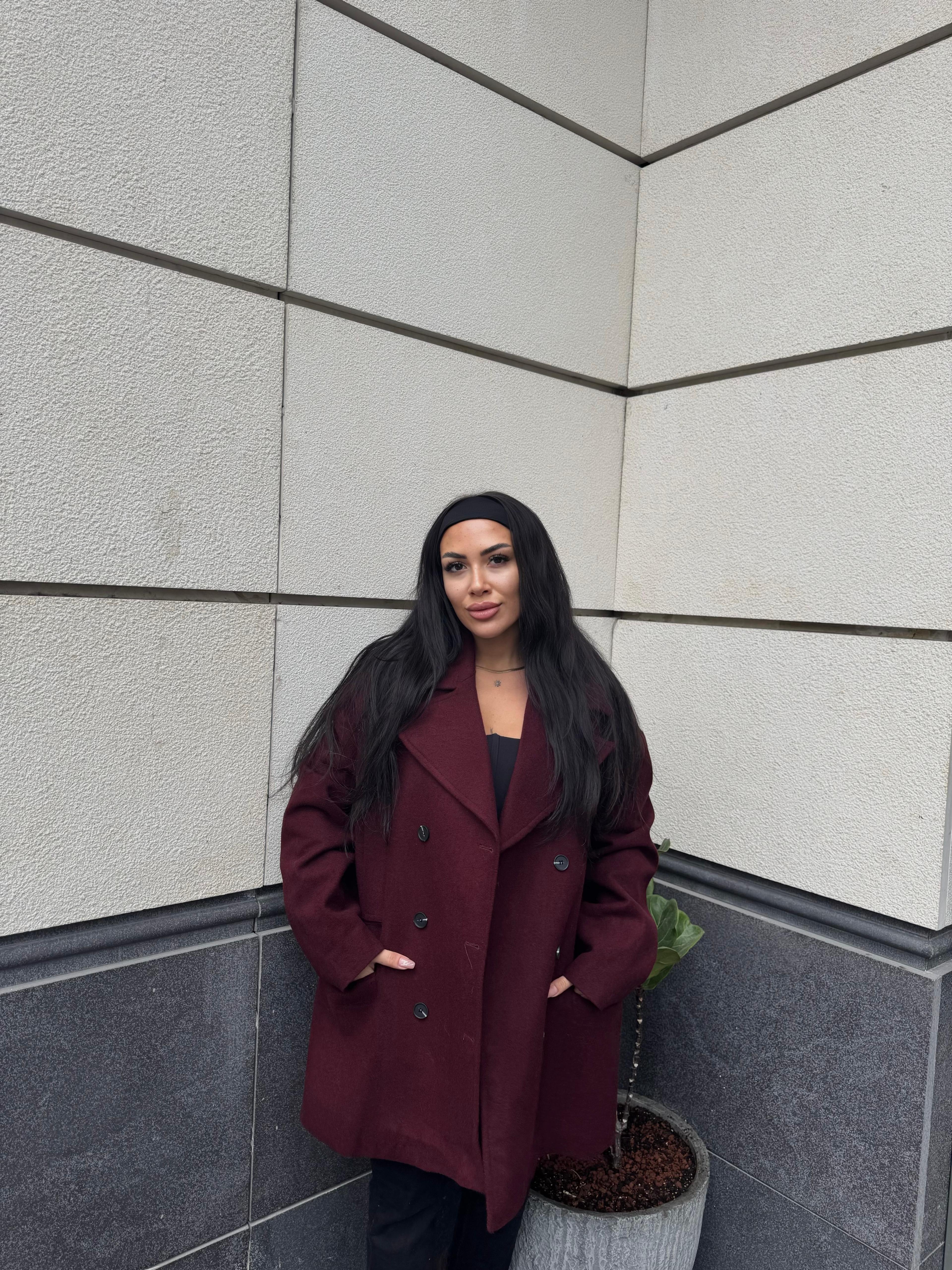 Oversize Düğmeli Kısa Kaşe Kaban - Mürdüm