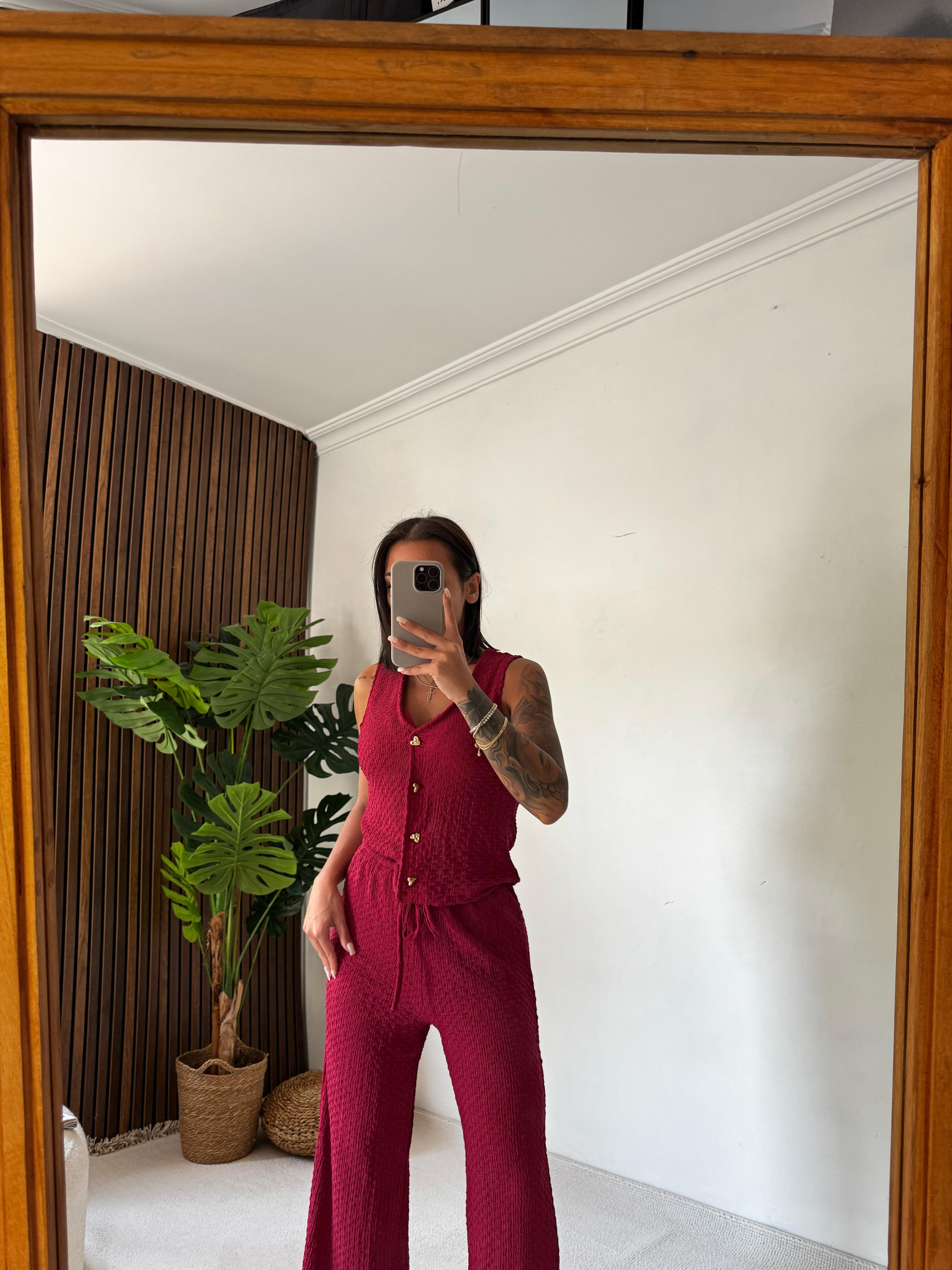 Kalp Düğmeli Yelek Ve Pantolon Takım - Bordo