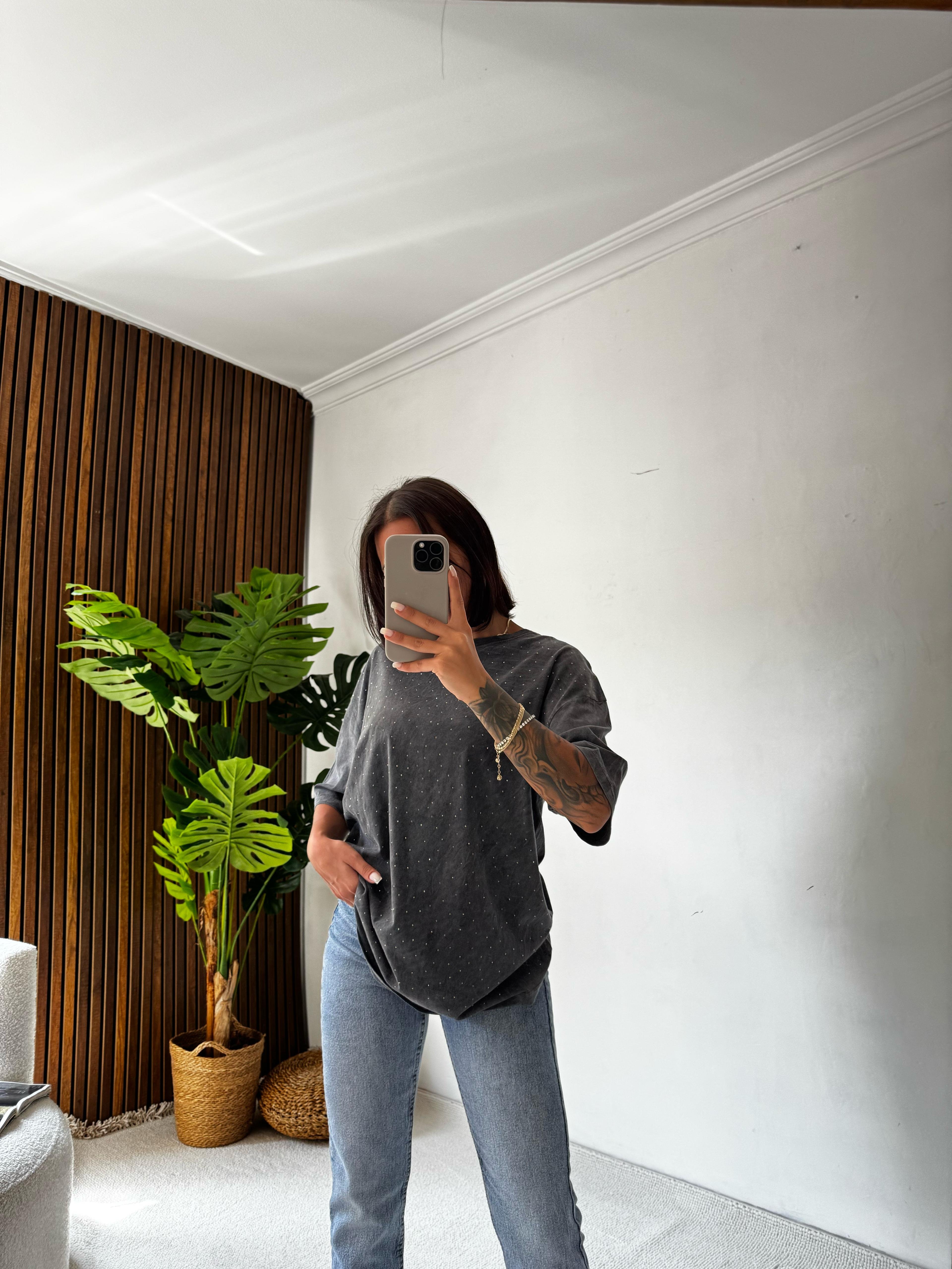 Taşlı Oversize Tshirt - Koyu Gri