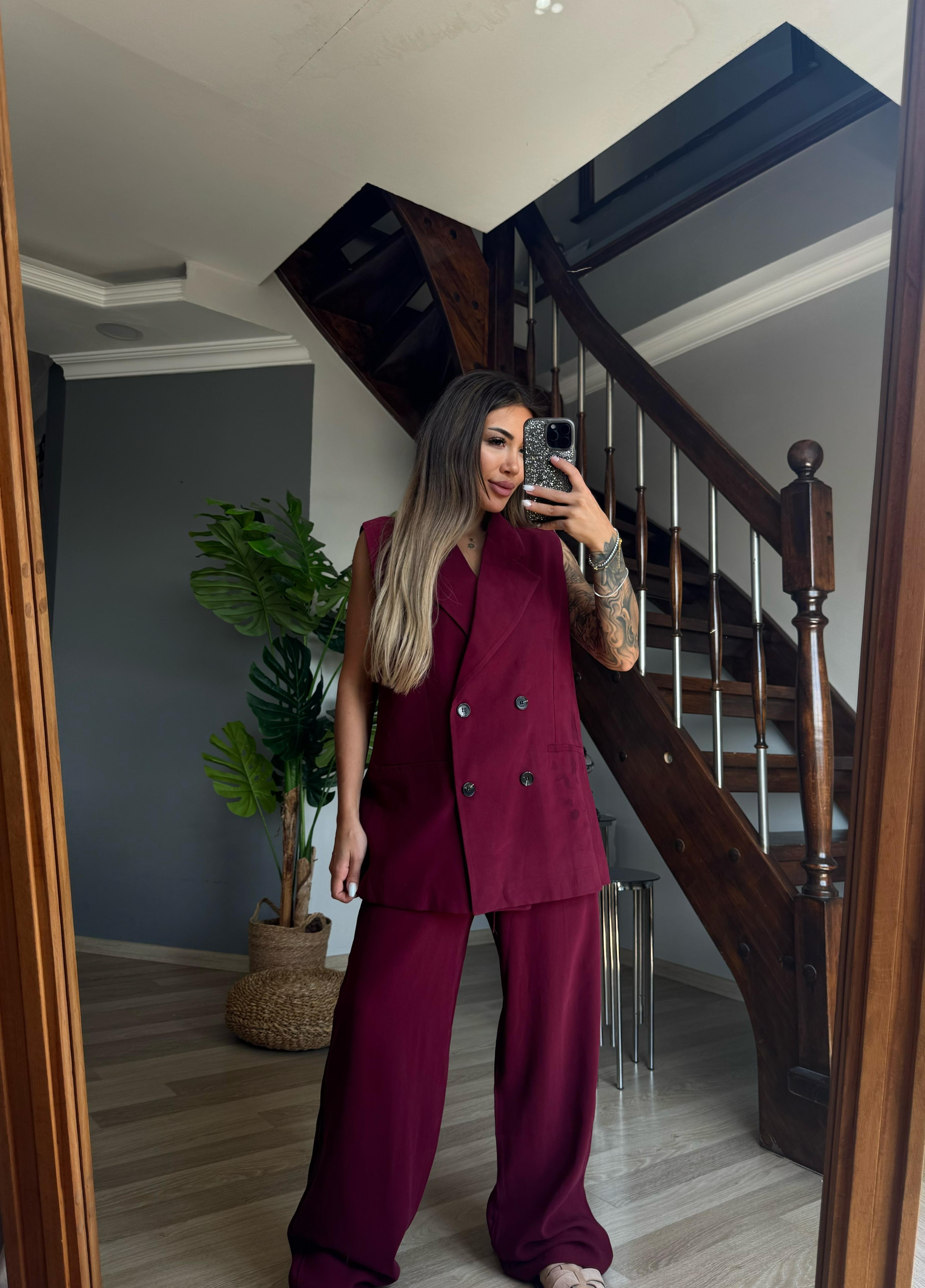 Dk Kruvaze Yaka Owersıze Yelek Takım - Bordo