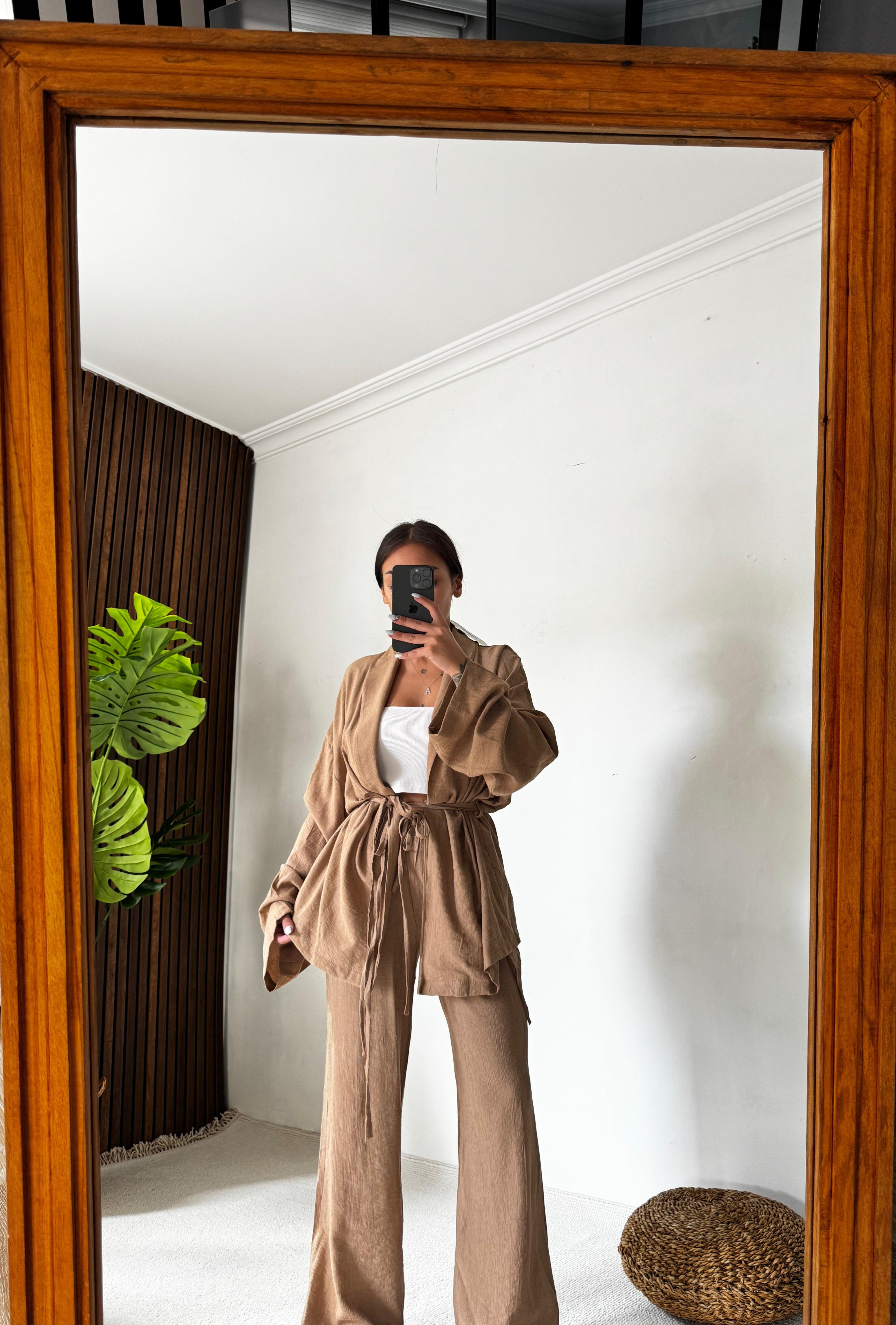 Hot Takım Şal Yaka Kimono  - Sütlü Kahve