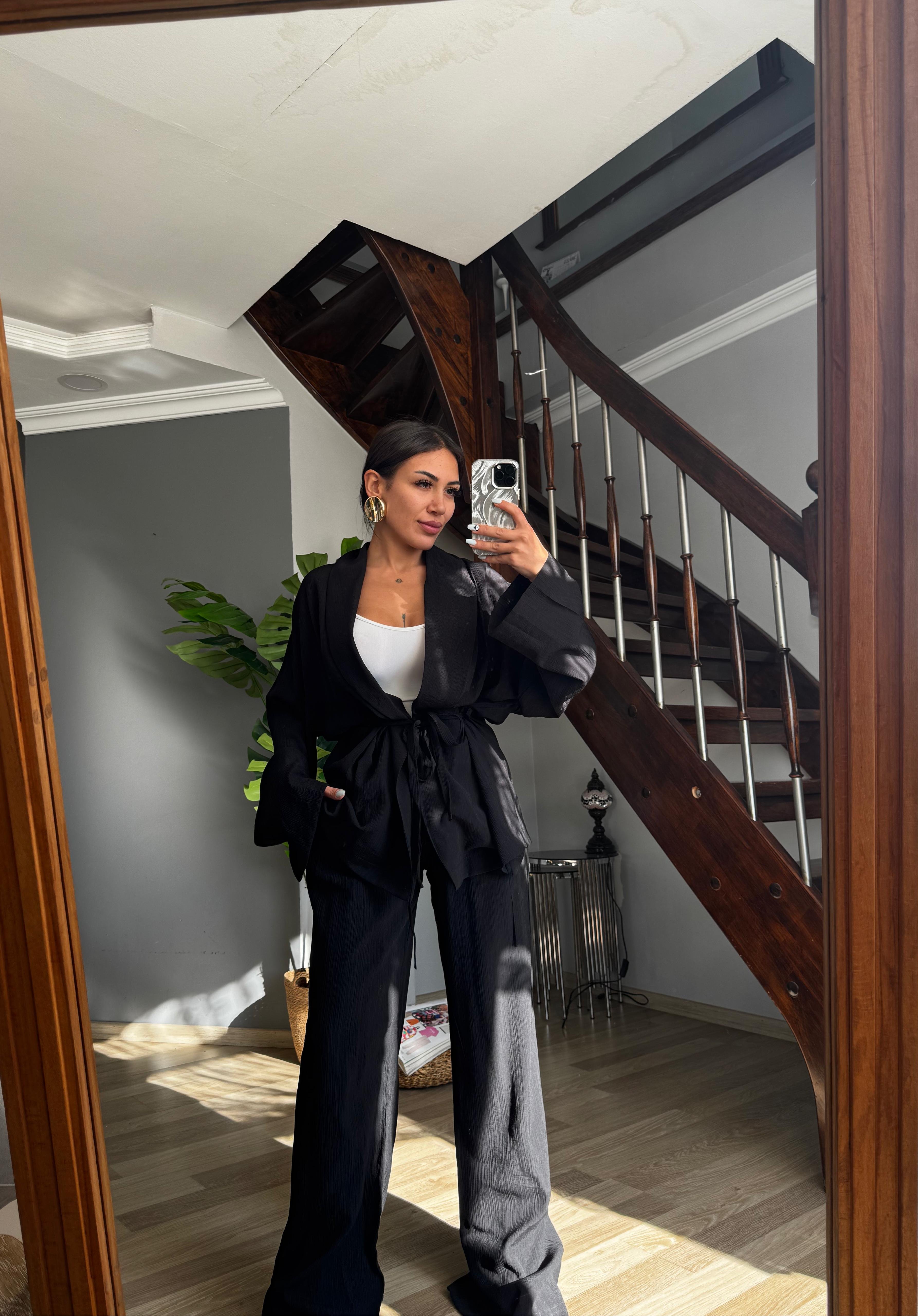 Hot Takım Şal Yaka Kimono  - Siyah