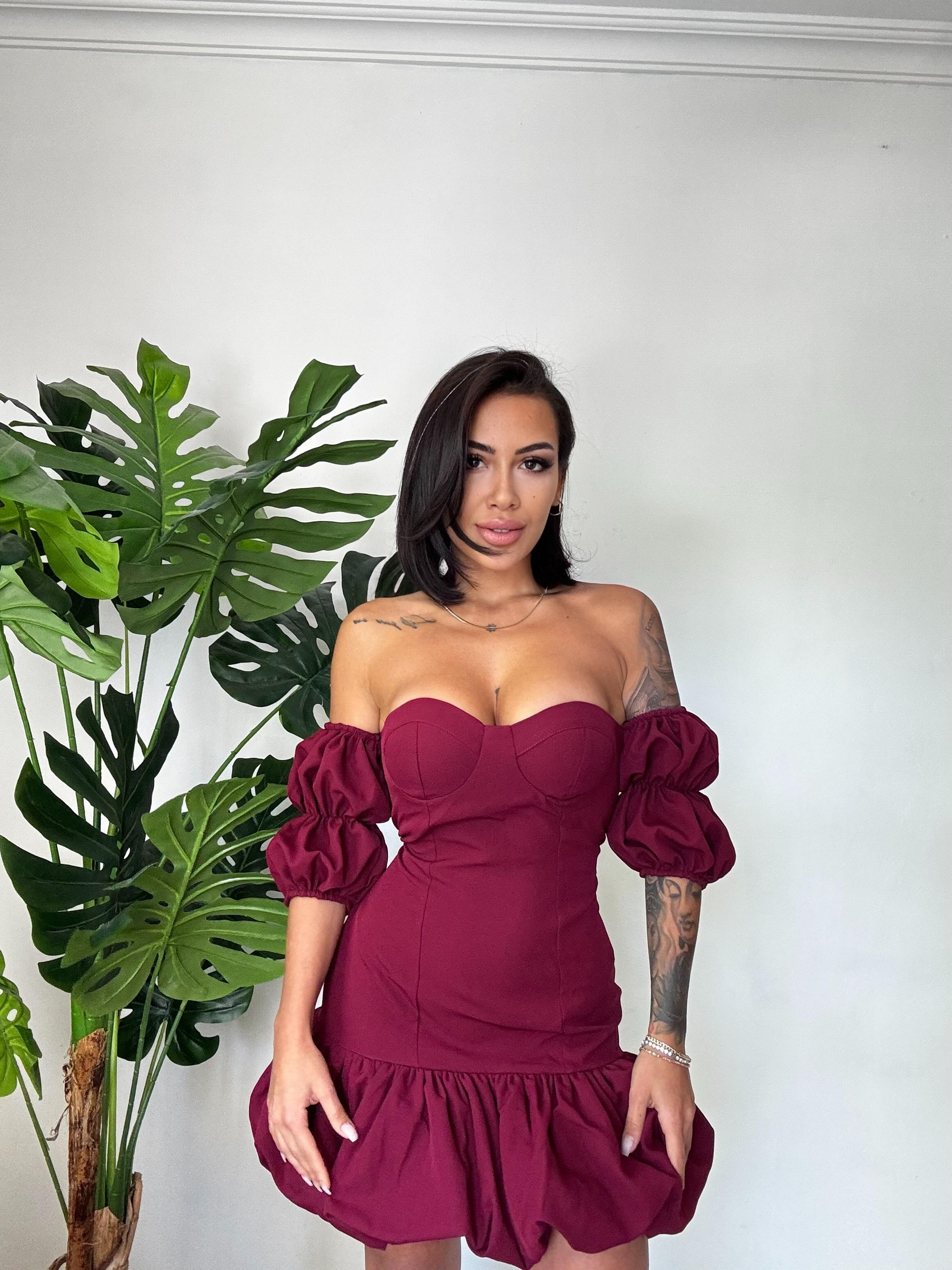 Eti Madonna Yaka Balon Etekli Mini Elbise - Bordo