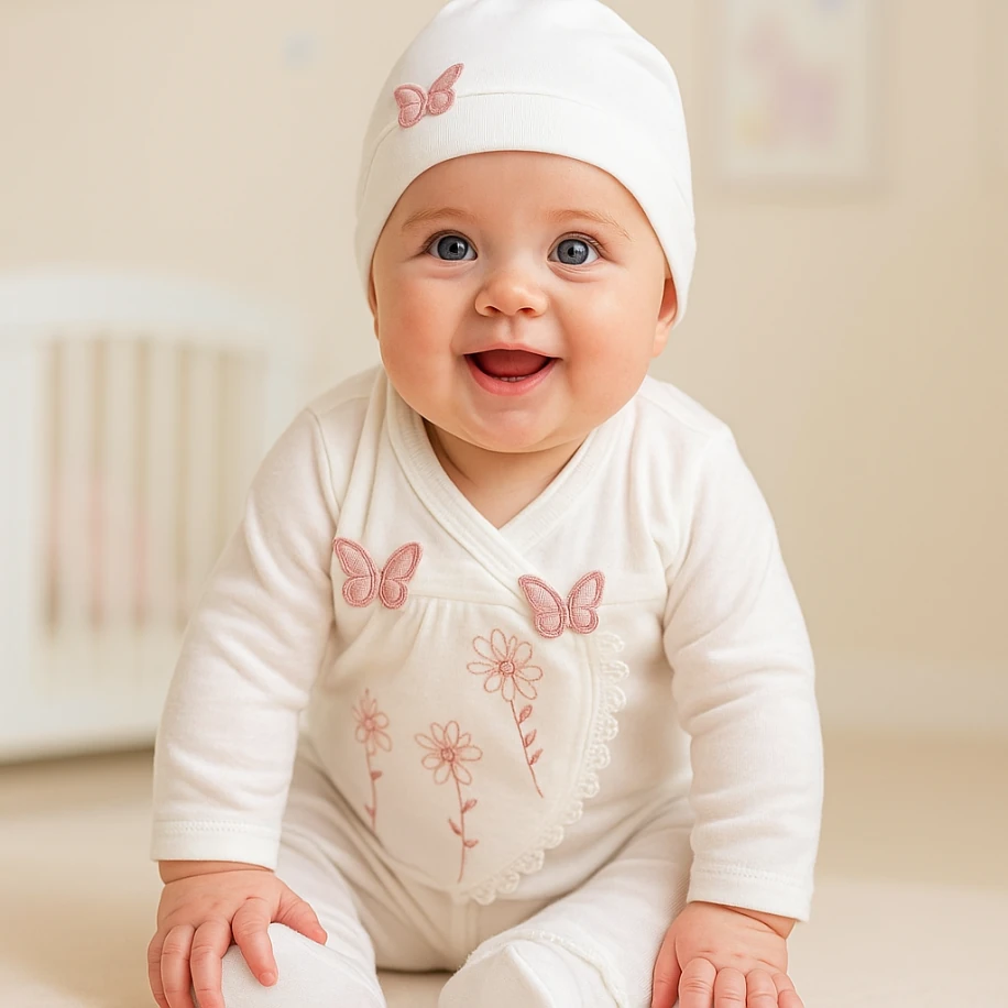 Pembe Çiçekli Kelebek 5 Parça Kız Bebek Seti