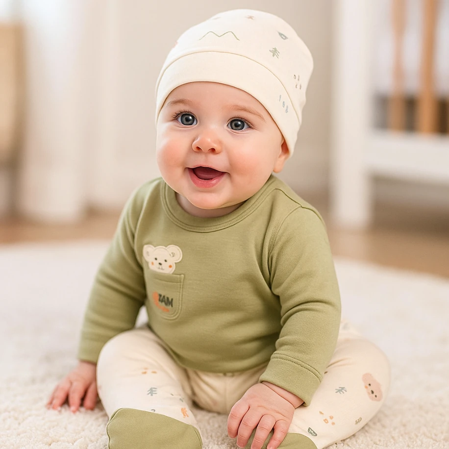 Yeşil Yandan Çıtçıtlı Erkek Bebek Zıbın Takımı