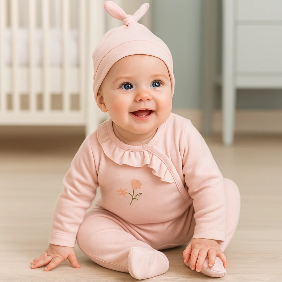 Müslin Flowers Desenli Şapkalı Kız Bebek Tulum