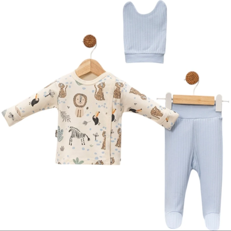 Mavi İnterlok 3 Parça Erkek Bebek Zıbın Takımı