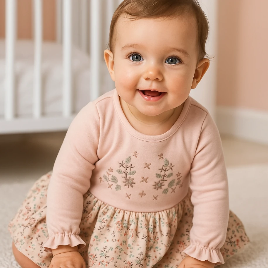 Çiçek Desenli Uzun Kollu Nakışlı Kız Bebek Elbise