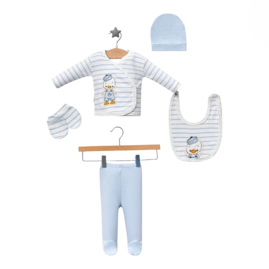 Ördek Nakışlı %100 Pamuklu Yenidoğan Kıyafetleri 5&#039;li Hastane Çıkışı Zıbın Seti