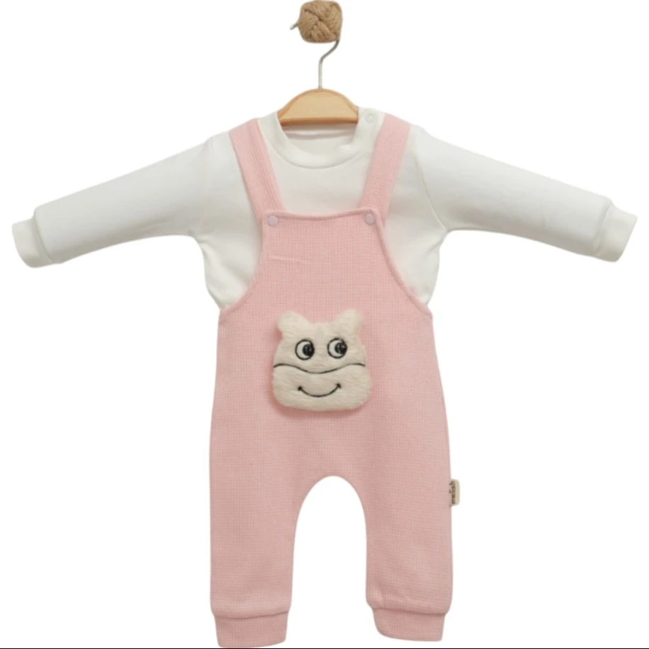 Pembe İnek Figürlü Kız Bebek Salopet Takımı
