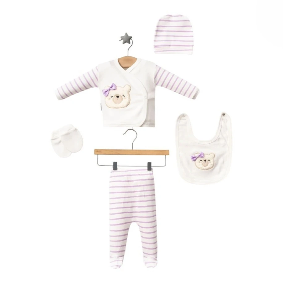 Mor Çizgili Ayıcık Temalı 5 Parça Kız Bebek Seti