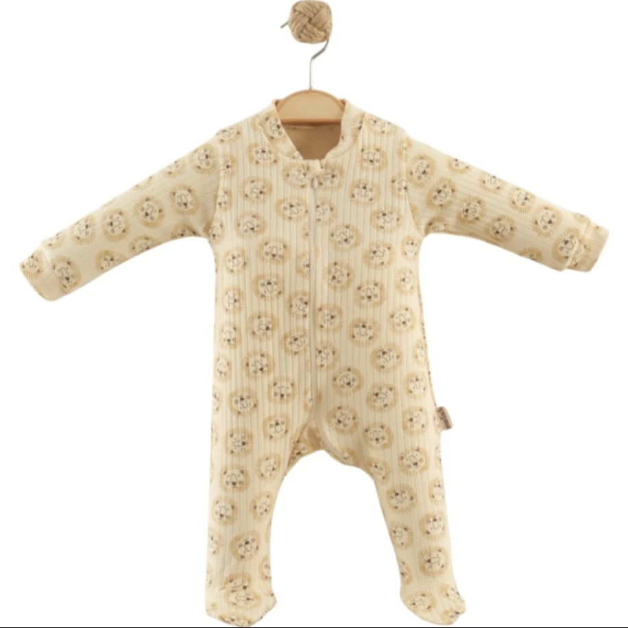 Krem Aslan Baskılı Fermuarlı Unisex Bebek Tulum