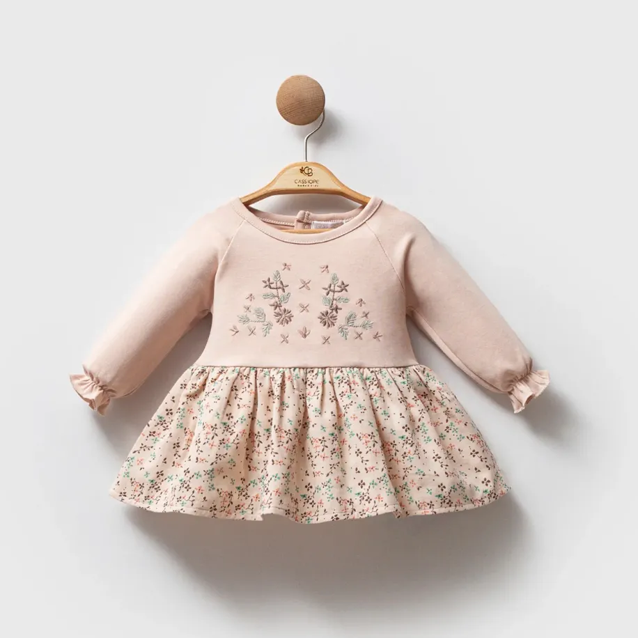 Çiçek Desenli Uzun Kollu Nakışlı Kız Bebek Elbise