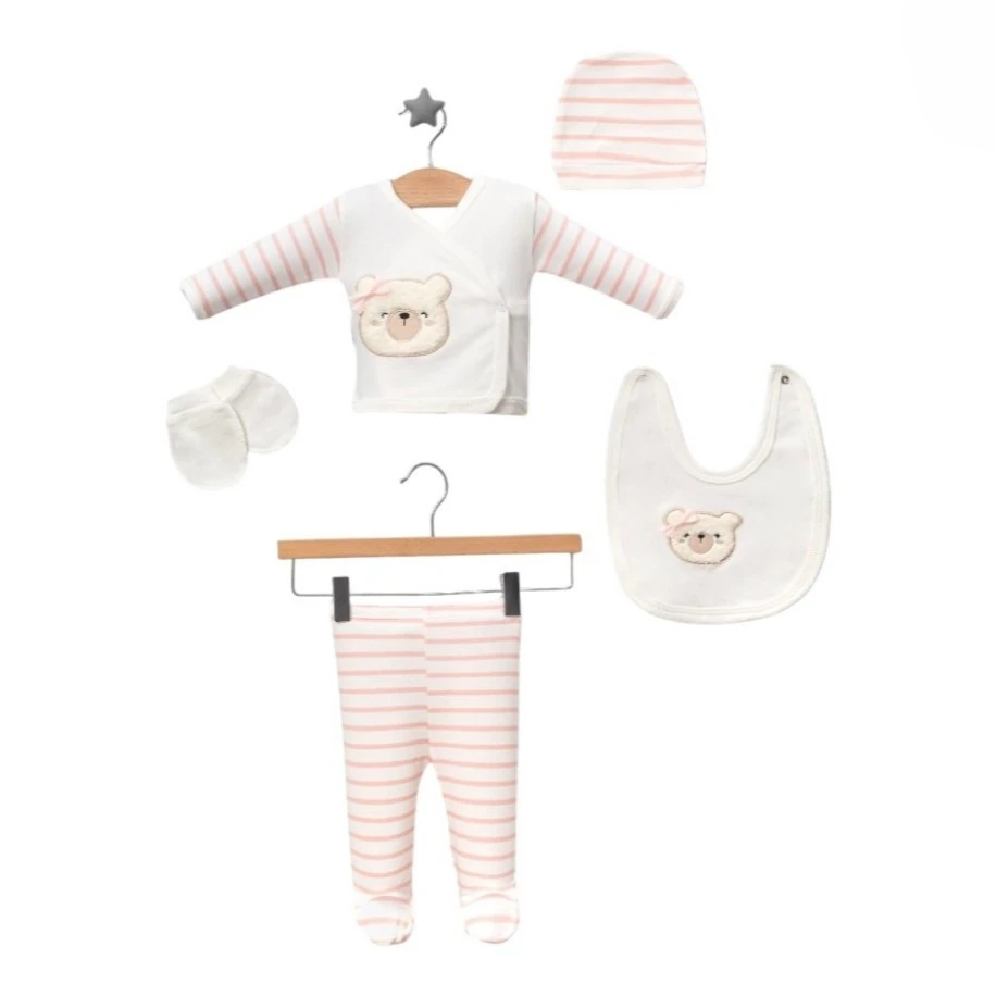 Pembe Çizgili Ayıcık Desenli 5 Parça Kız Bebek Seti