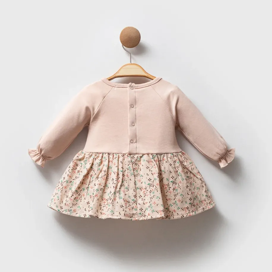 Çiçek Desenli Uzun Kollu Nakışlı Kız Bebek Elbise