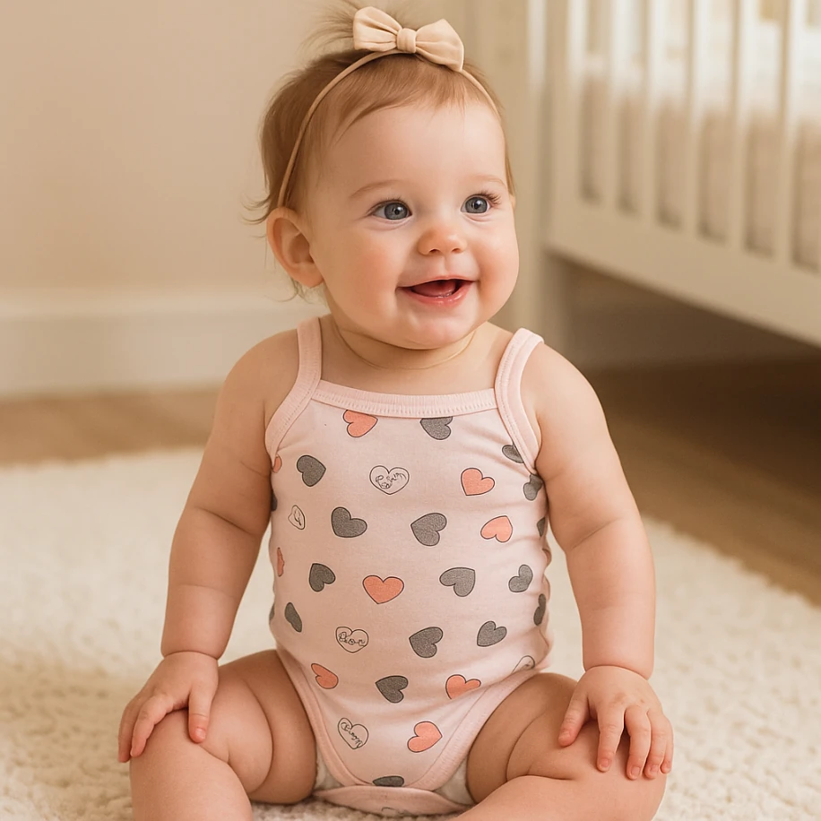 Simli Kalp Desenli İp Askılı Kız Bebek Badi