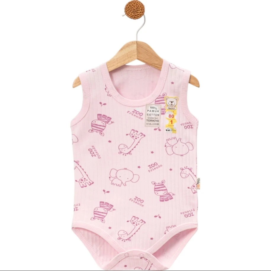 Safari Desenli Askılı Unisex Bebek Pembe Badi