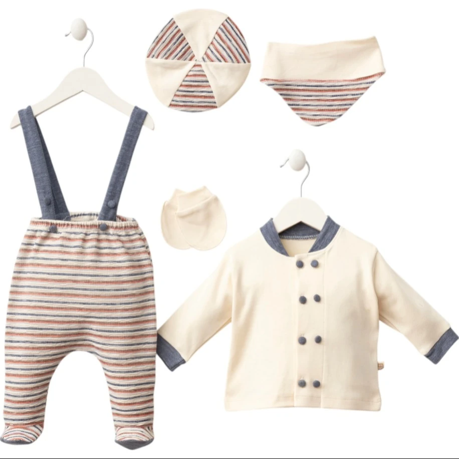 Koyu Mavi Çizgili Tulum Detaylı 5’li Erkek Bebek Seti