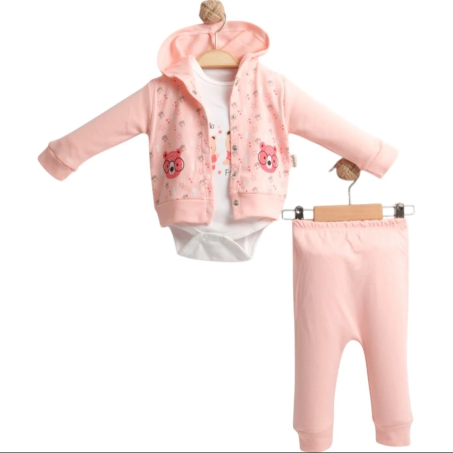 Ayı Baskılı Hırkalı 3’lü Unisex Pudra Bebek Takımı