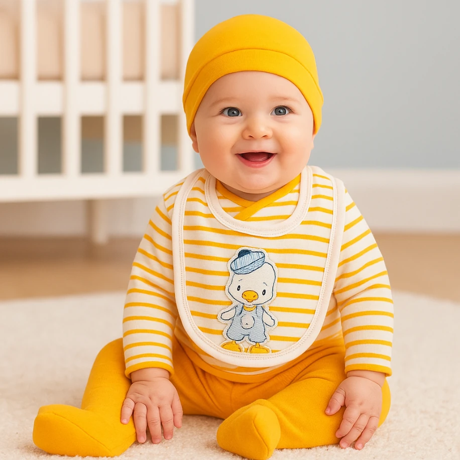 Ördek Nakışlı %100 Pamuklu Yenidoğan Kıyafetleri 5'li Hastane Çıkışı Zıbın Seti - Sarı