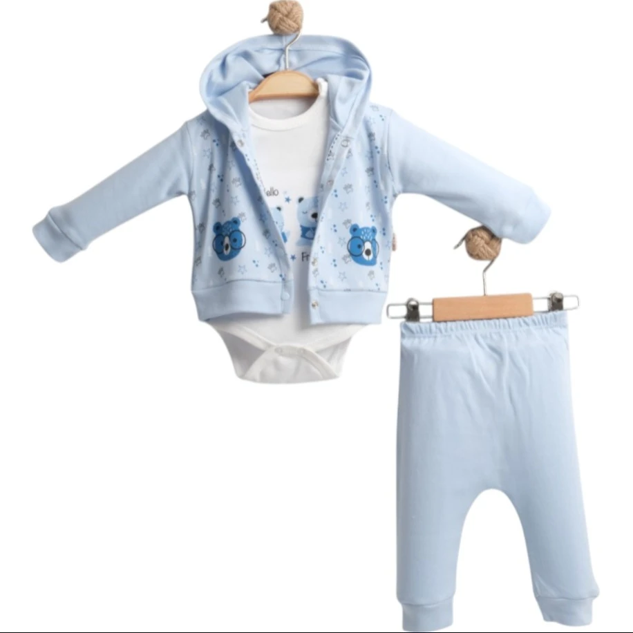 Ayı Baskılı Hırkalı 3’lü Unisex Mavi Bebek Takımı