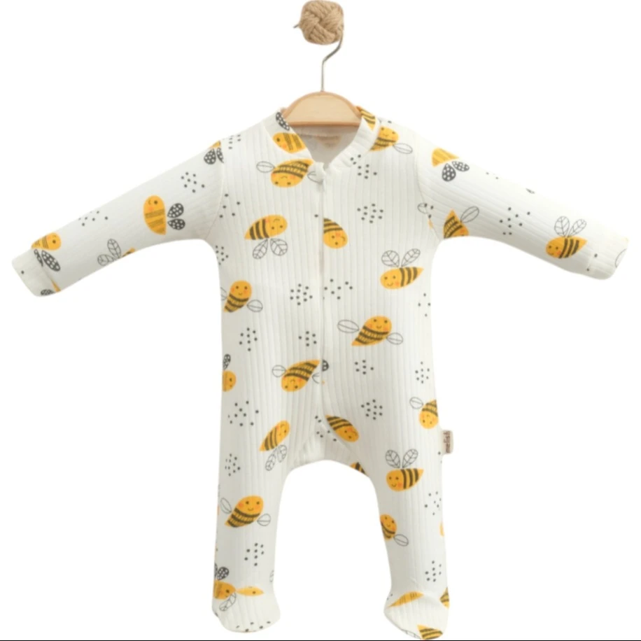Beyaz Arı Desenli Fermuarlı Bebek Tulum