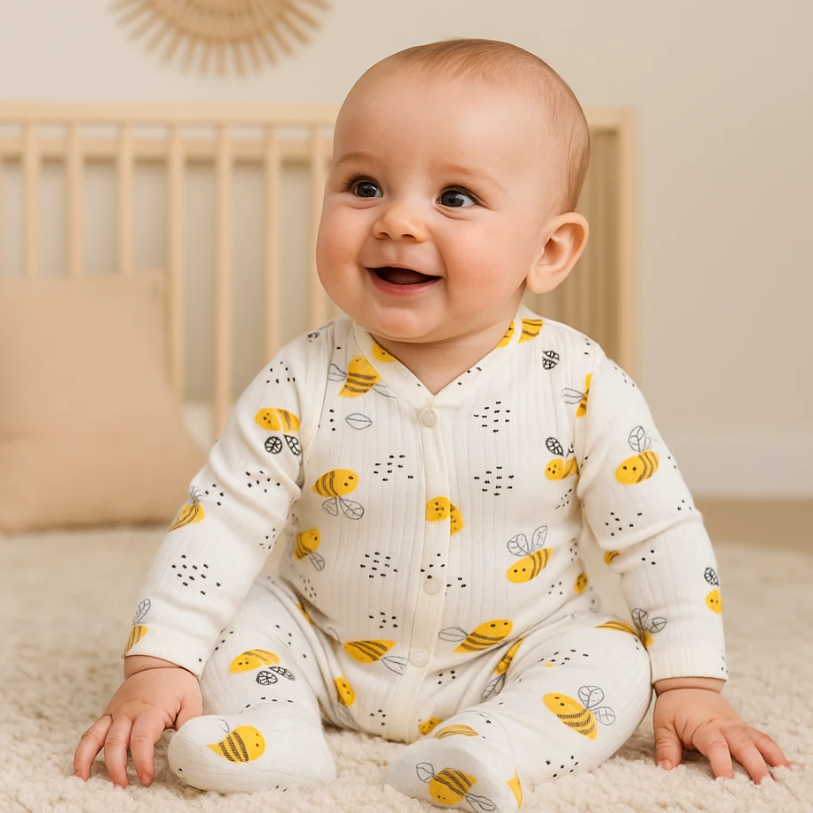 Beyaz Arı Desenli Fermuarlı Bebek Tulum