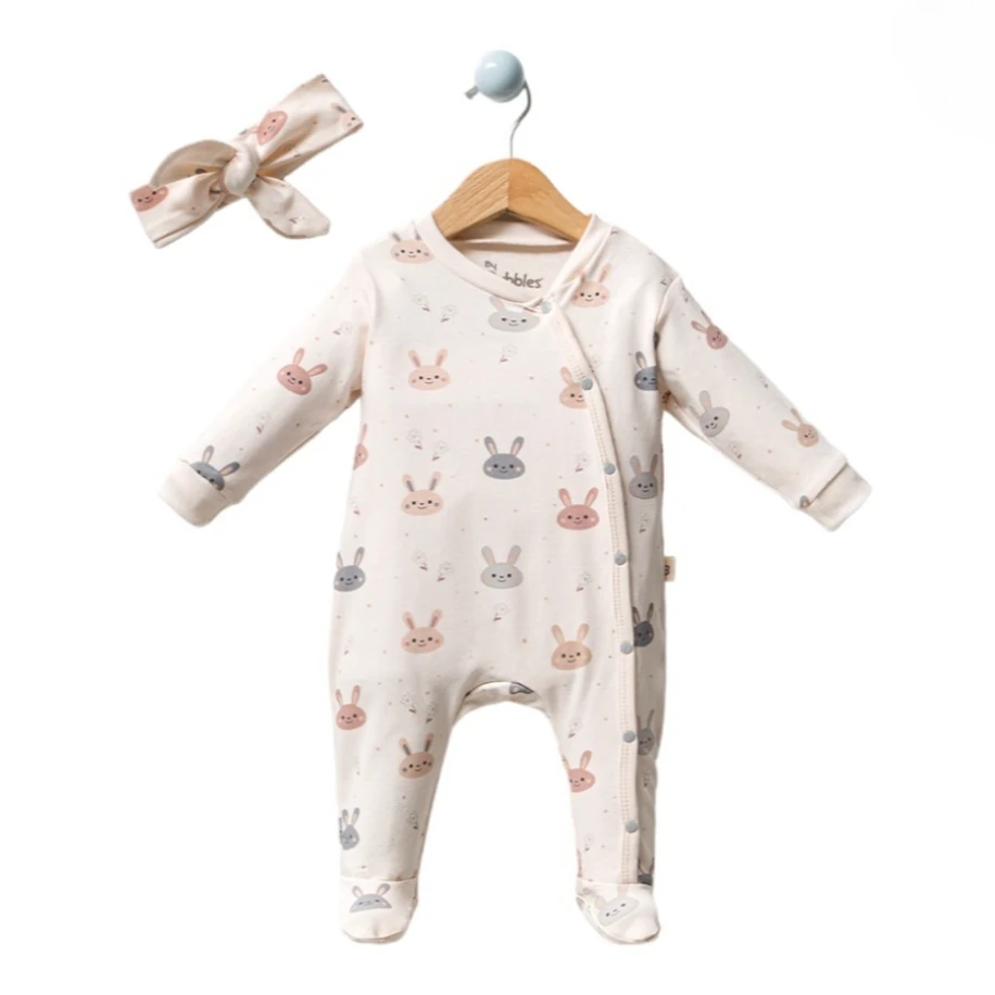 Tavşan Desenli Unisex Patikli Bebek Tulum
