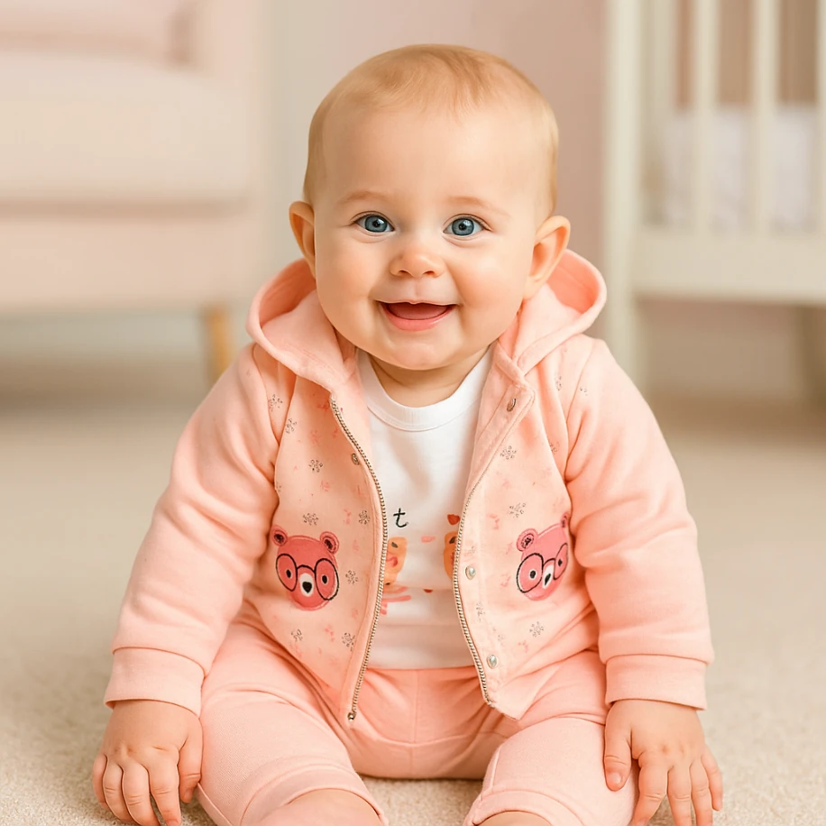 Ayı Baskılı Hırkalı 3’lü Unisex Pudra Bebek Takımı