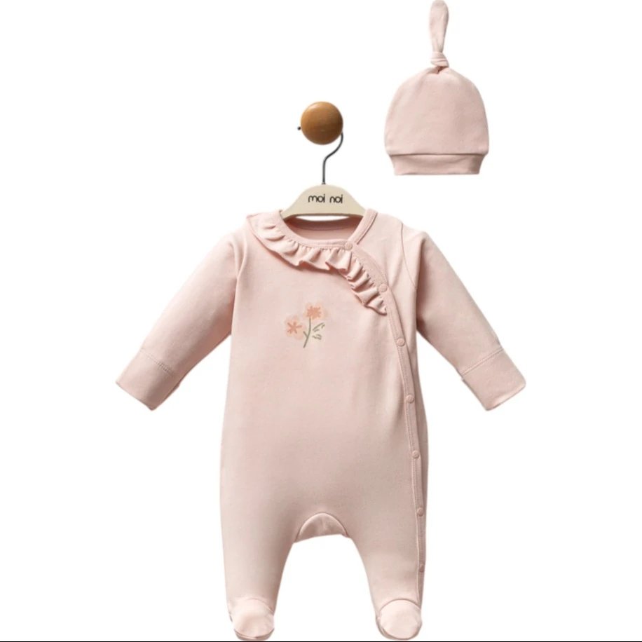 Müslin Flowers Desenli Şapkalı Kız Bebek Tulum