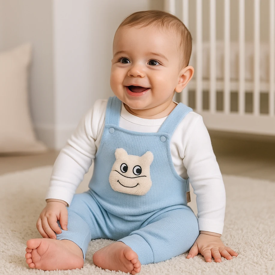 Mavi İnek Figürlü Bebek Salopet Takımı