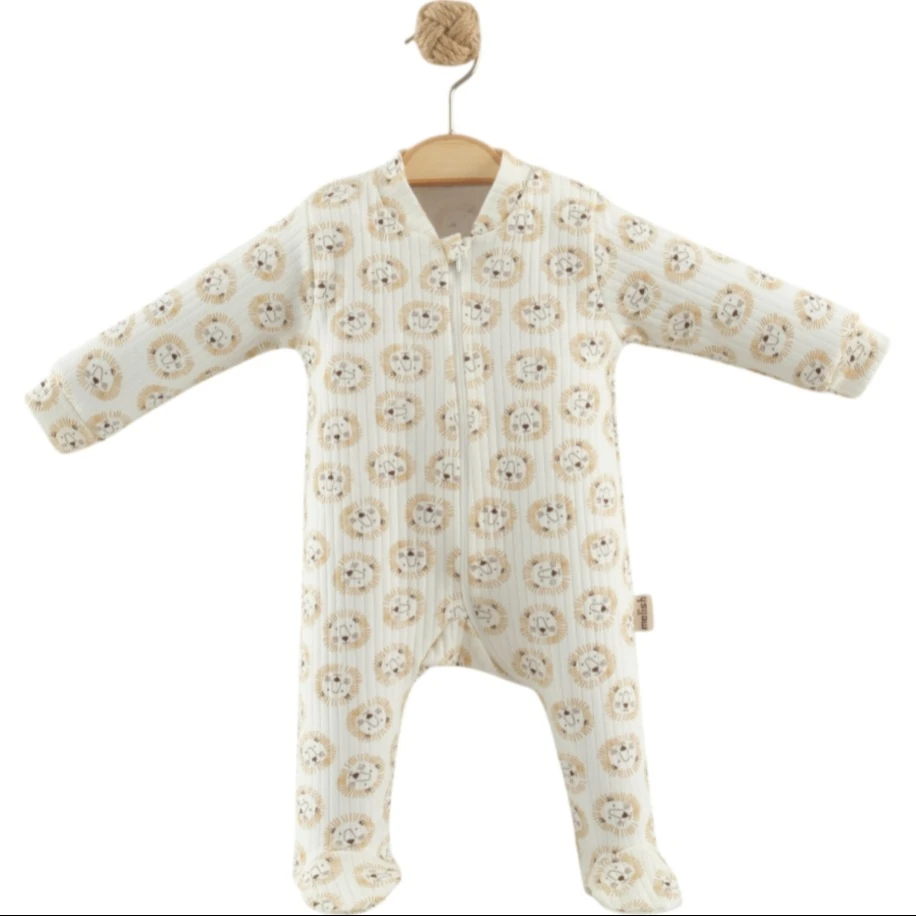 Beyaz Aslan Baskılı Fermuarlı Unisex Bebek Tulum
