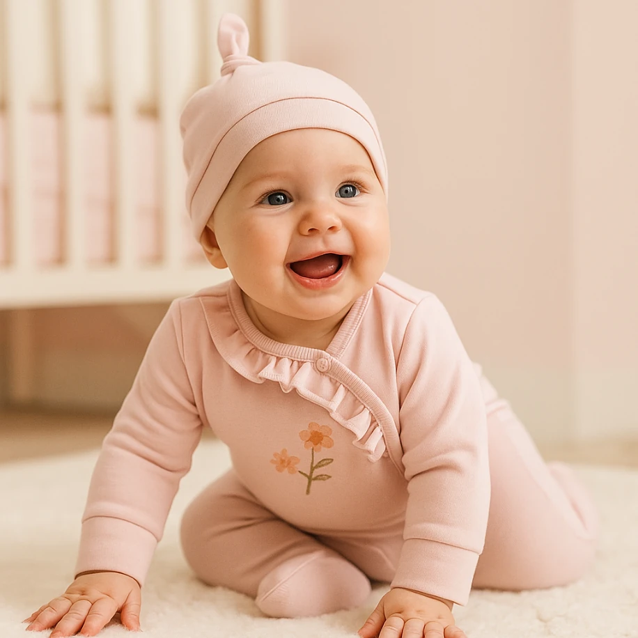 Müslin Flowers Desenli Şapkalı Kız Bebek Tulum