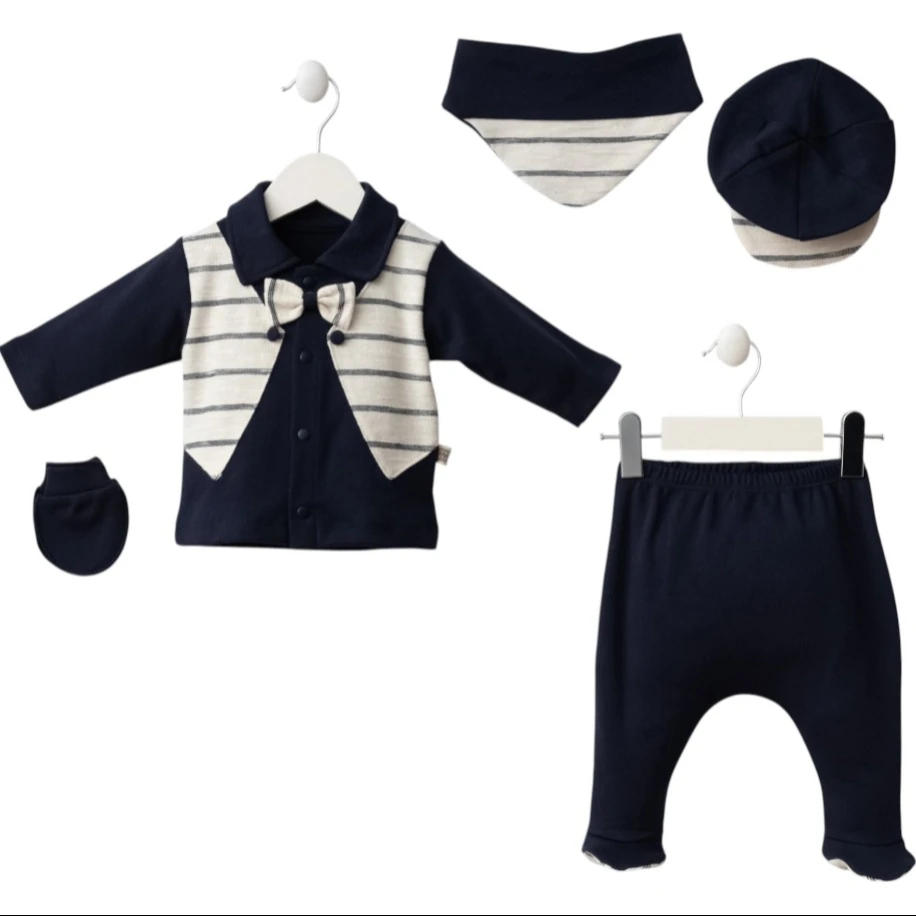 Lacivert Smokin Detaylı 5’li Erkek Bebek Takım Seti