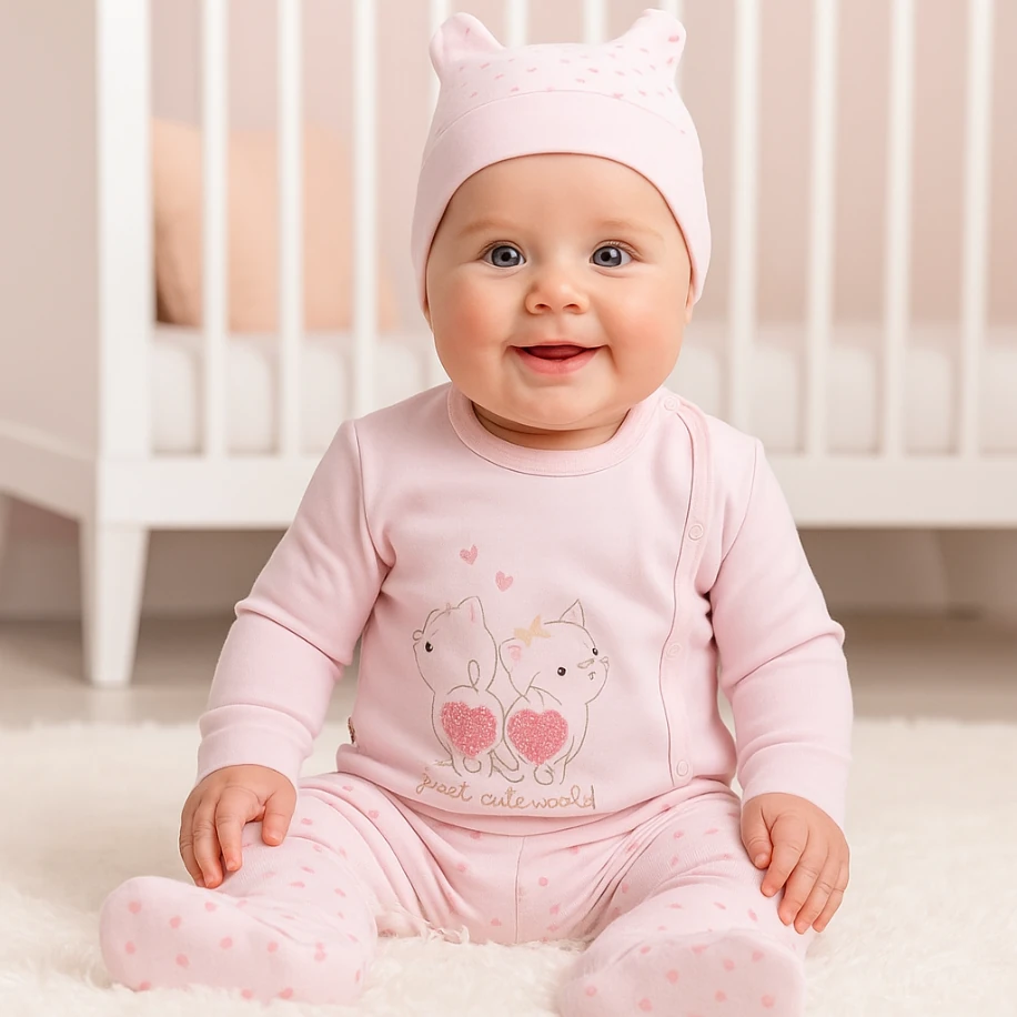 Pembe 3 Parça Kız Bebek Zıbın Takımı