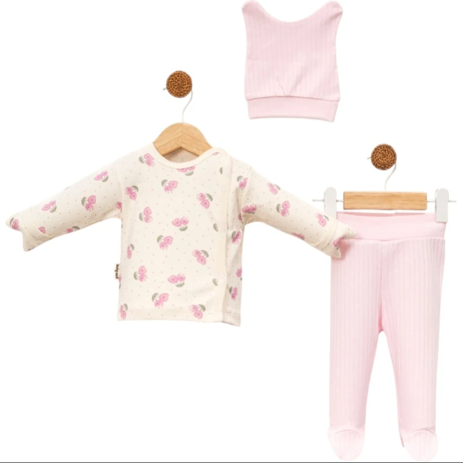 Pembe İnterlok 3 Parça Kız Bebek Zıbın Takımı