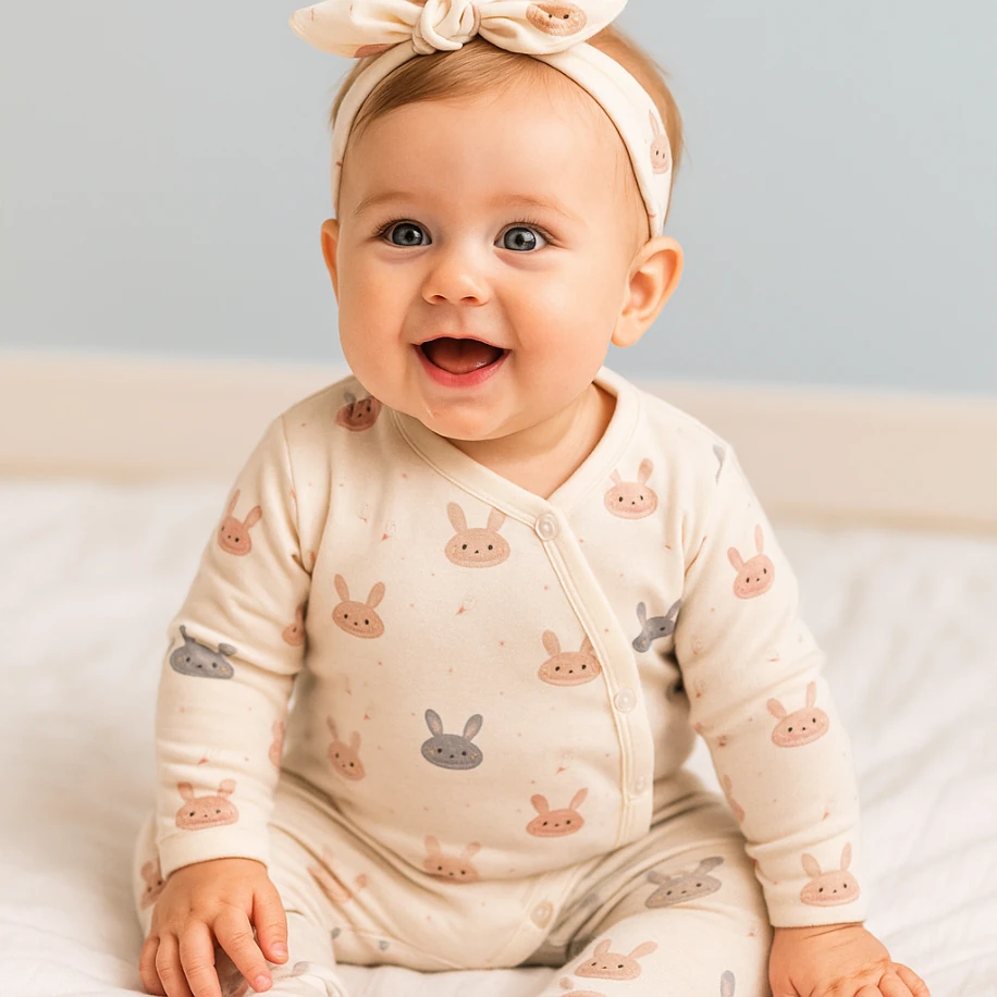 Tavşan Desenli Unisex Patikli Bebek Tulum