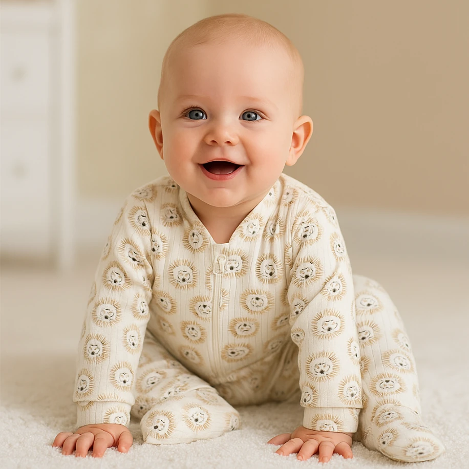 Beyaz Aslan Baskılı Fermuarlı Unisex Bebek Tulum