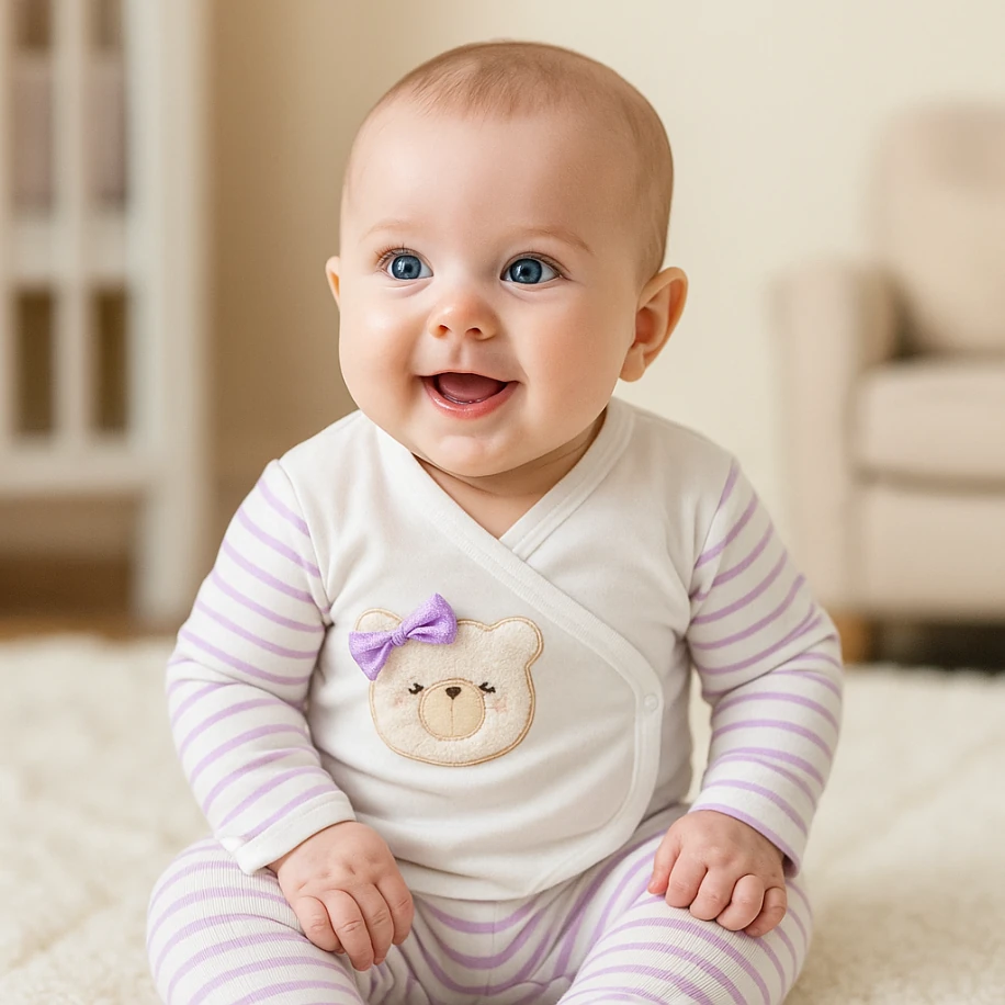 Mor Çizgili Ayıcık Temalı 5 Parça Kız Bebek Seti