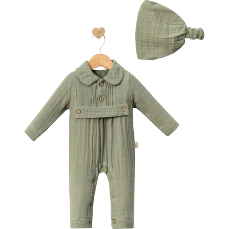 Yeşil Düğmeli Müslin Erkek Bebek Tulum