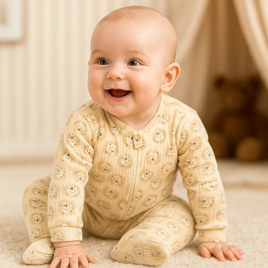 Krem Aslan Baskılı Fermuarlı Unisex Bebek Tulum