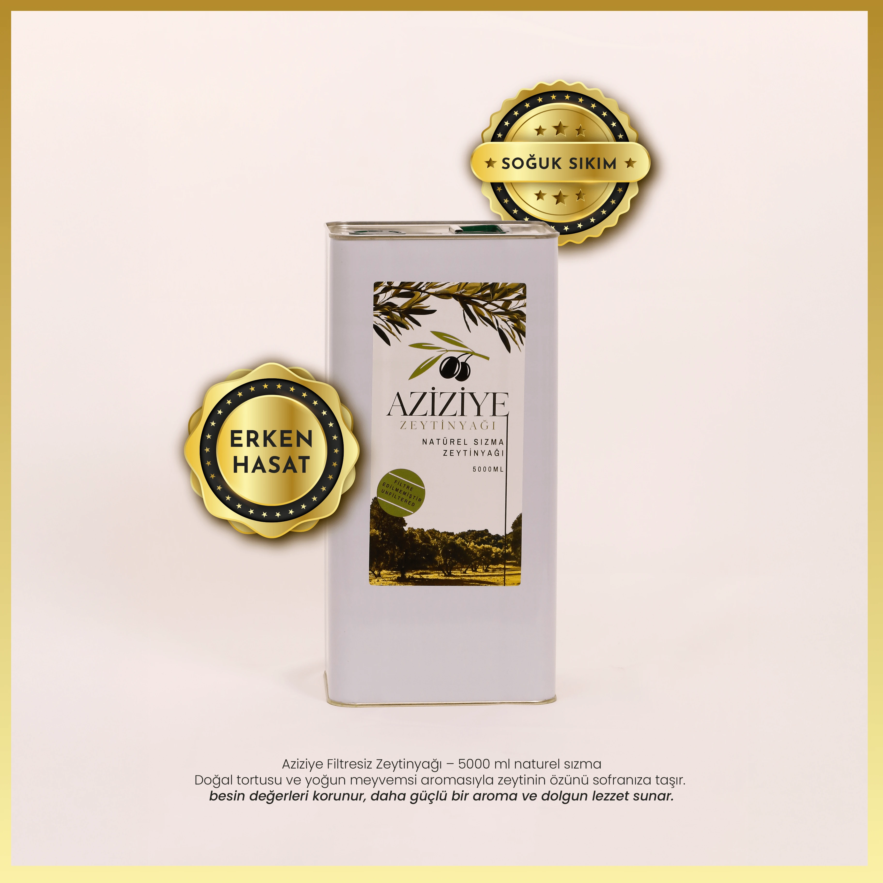 Aziziye Erken Hasat Soğuk Sıkım Natürel Sızma Zeytinyağı 5Lt